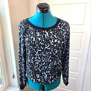 LOFT BLUE & BLACK ABSTRACT FLORAL PULLOVER LONG SLEEVE BLOUSE WOMEN SMALL FLOWER